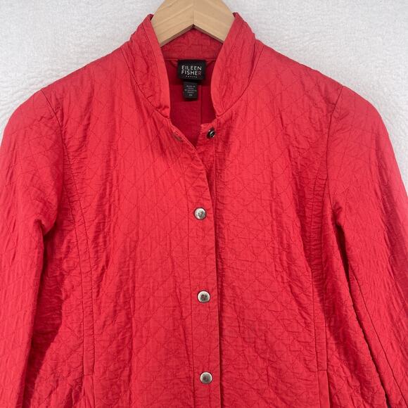 EILEEN FISHER Jacket PP Petite Organic Cotton Snap Front Quilted Mandarin Red - Picture 3 of 13